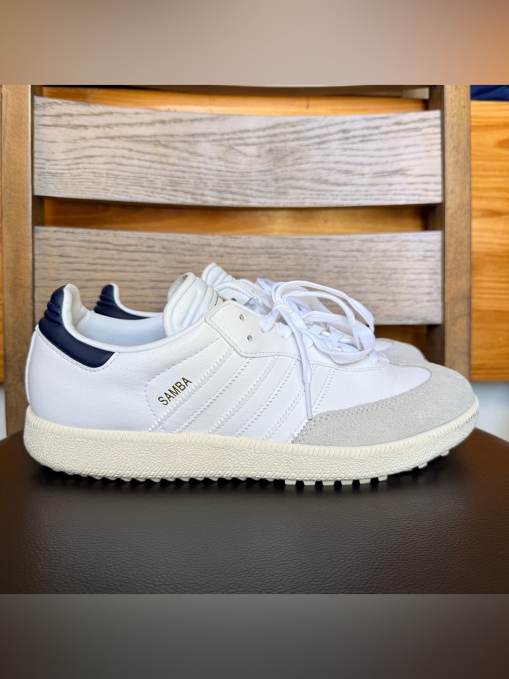 Adidas Samba Spikeless Golf Shoes in Cloud White/Collegiate Nav